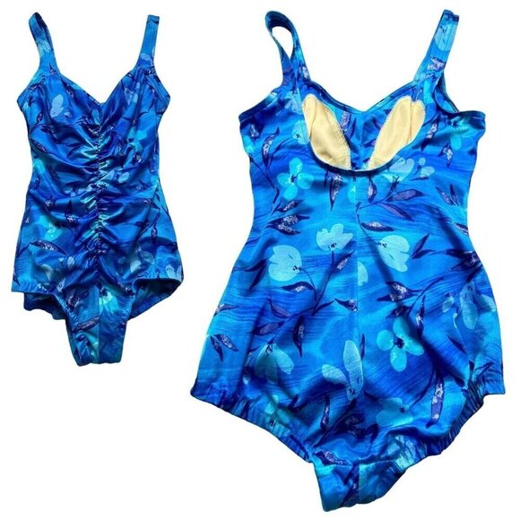 MAXINE of HOLLYWOOD One Piece Swimsuit Ruched Front Beachy Vacation Blue 14 5-40 - Picture 1 of 12
